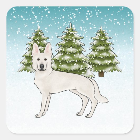 Wit Zwitsers Herder Wit GSD Hond Winterbos Vierkante Sticker (Voorkant)