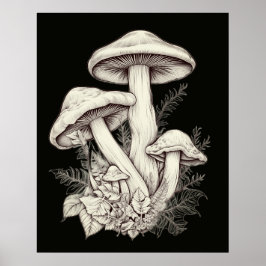 Witachtige Bleke Paddenstoelen Zwarte Achtergrond  Poster