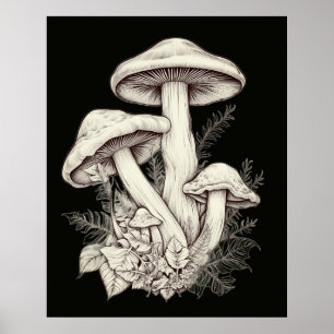 Witachtige Bleke Paddenstoelen Zwarte Achtergrond Poster