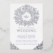 Witblauwe bruiloft met zilverbladeren folie uitnodiging (Voorkant)