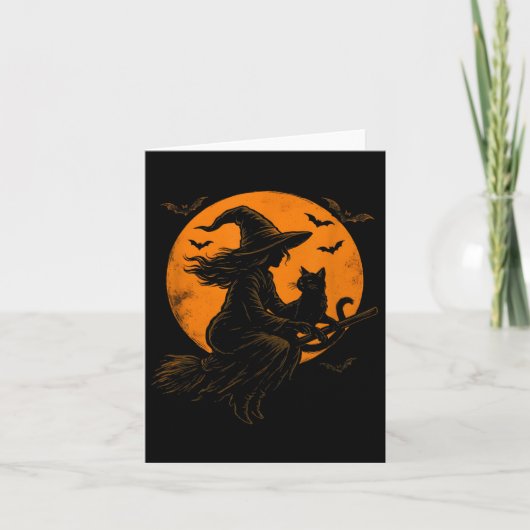 Witch And Cute Cat Black Kitten For Halloween Cost Kaart (Voorkant)