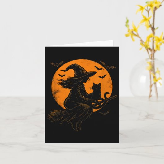 Witch And Cute Cat Black Kitten For Halloween Cost Kaart (Gele Bloem)