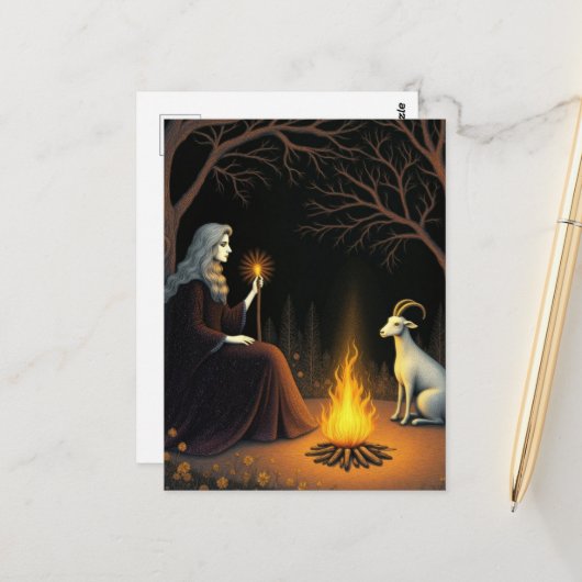 Witch and Goat at a Bonfire Briefkaart (Voorkant / Achterkant in situ)