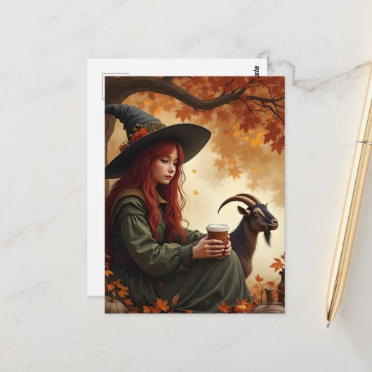 Witch and Pet Goat in Autumn Briefkaart (Voorkant / Achterkant in situ)