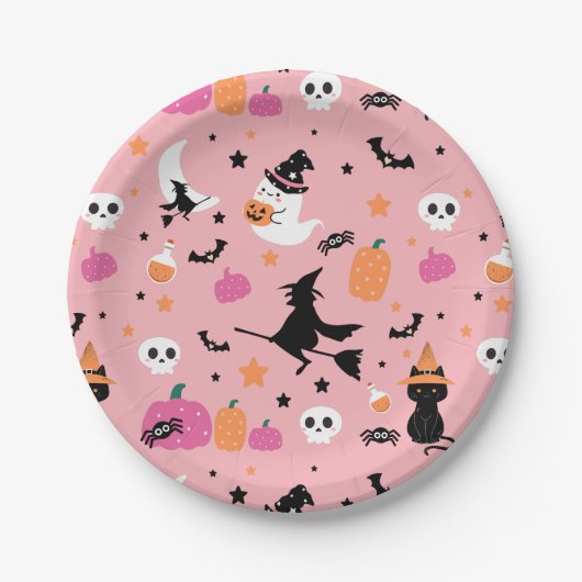Witch Bats Spinnen Geest Pompoen Halloween Patroon Papieren Bordje (Voorkant)