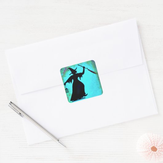 Witch bij nacht vierkante sticker (Envelop)