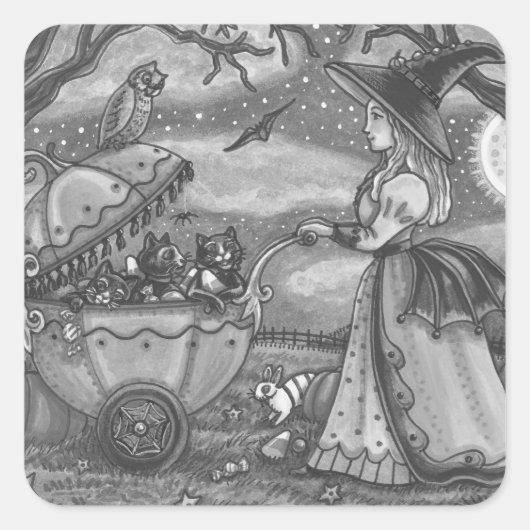 WITCH, BLACK CAT BUGGY GOTHIC STICKERS SHEET Squar (Voorkant)