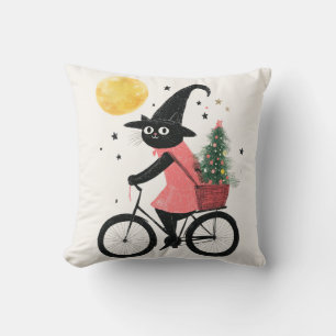 Witch Black Cat Cycling Quirky & Spooky Kerstmis Kussen