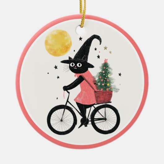 Witch Black Cat Cycling Xmas Tree Witchy Christmas Keramisch Ornament (Voorkant)