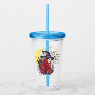Witch, Black Cat en Crescent Moon Acryl Drinkbeker