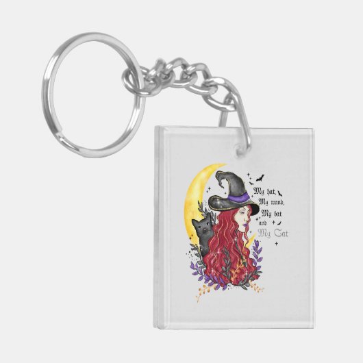 Witch, Black Cat en Crescent Moon Sleutelhanger (Voorkant Links)