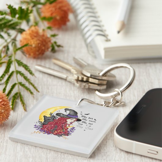 Witch, Black Cat en Crescent Moon Sleutelhanger (Voorkant Rechts)