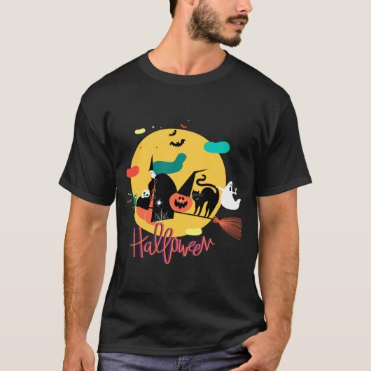 Witch Black Cat Flying Broomstick T-shirt (Voorkant)