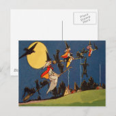 Witch Black Cat Flying Moon Crow Briefkaart (Voorkant / Achterkant)