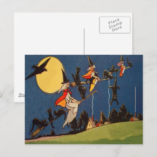 Witch Black Cat Flying Moon Crow Briefkaart (Voorkant / Achterkant)