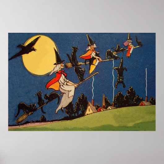 Witch Black Cat Flying Moon Crow Poster (Voorkant)