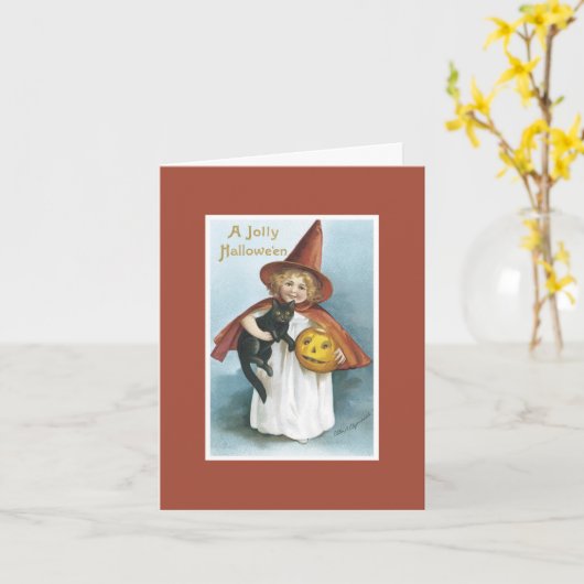 Witch Black Cat Halloween Kaart (Gele Bloem)