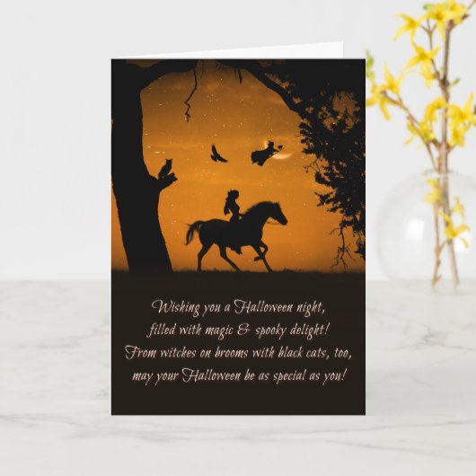 Witch Black Cat Horse Owl Raven Happy Halloween Kaart (Gele Bloem)