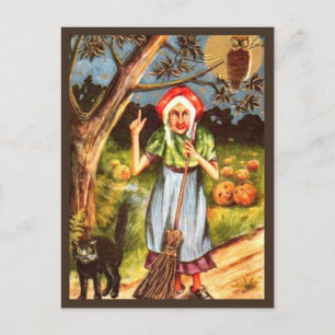Witch, Black Cat & Owl - Halloween Briefkaart