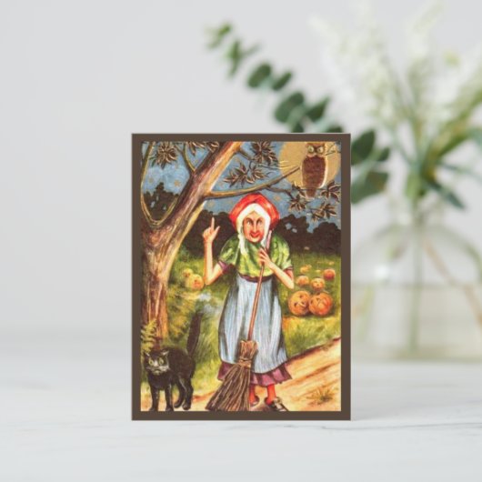 Witch, Black Cat & Owl -  Halloween Briefkaart (Staand voorkant)