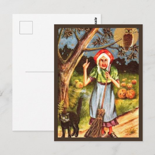 Witch, Black Cat & Owl -  Halloween Briefkaart (Voorkant / Achterkant)