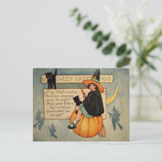 Witch Black Cat Pumpkin Crescent Moon Briefkaart (Staand voorkant)