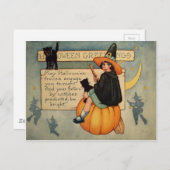 Witch Black Cat Pumpkin Crescent Moon Briefkaart (Voorkant / Achterkant)