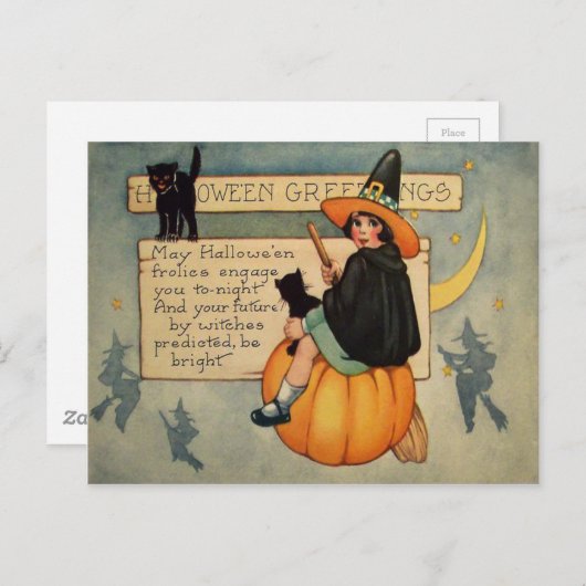 Witch Black Cat Pumpkin Crescent Moon Briefkaart (Voorkant / Achterkant)
