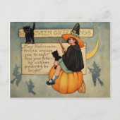 Witch Black Cat Pumpkin Crescent Moon Briefkaart (Voorkant)