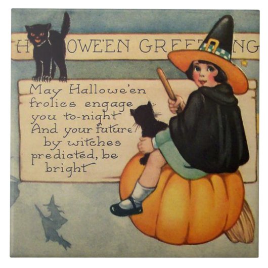 Witch Black Cat Pumpkin Crescent Moon Tegeltje (Voorkant)