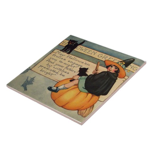 Witch Black Cat Pumpkin Crescent Moon Tegeltje (Zijkant)