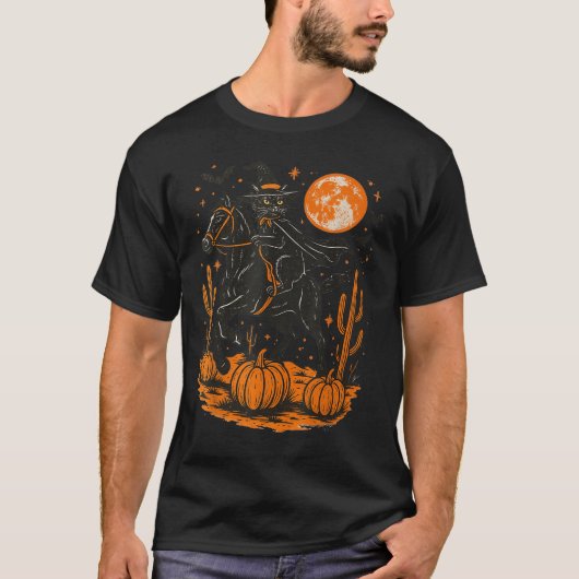 Witch Black Cat Riding Horse Halloween Pumpkin Moo T-shirt (Voorkant)