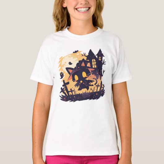 Witch Black Cat tijdens Halloween T-shirt (Voorkant)