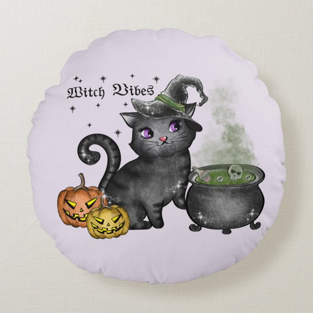 Witch Black Cat | Witch Vibes Rond Kussen (Voorkant)