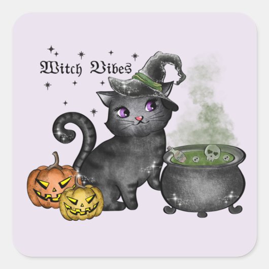 Witch Black Cat | Witch Vibes Vierkante Sticker (Voorkant)