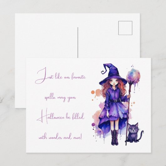 Witch Black Cat Wonder en ontzag Halloween Feestdagenkaart (Voorkant / Achterkant)