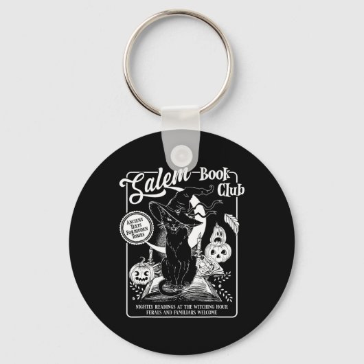 Witch Book Club Bookish Retro Halloween Zwarte Kat Sleutelhanger (Voorkant)