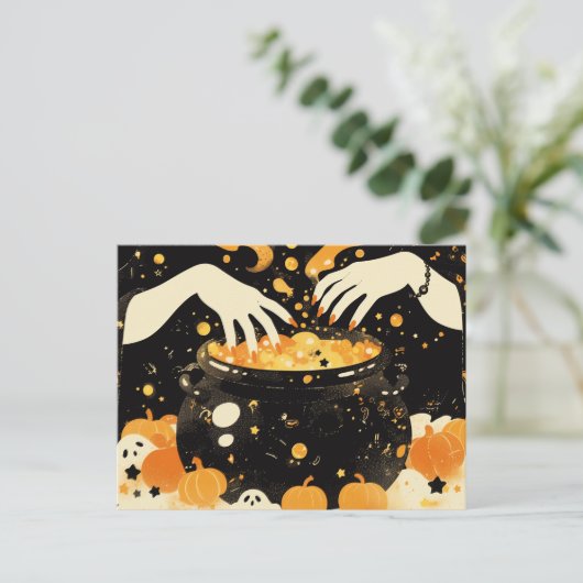 Witch Brewing Magic in Halloween Cauldron Feestdagenkaart (Staand voorkant)
