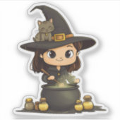 Witch Brewing Potion met Kat op Pet Sticker (Voorkant)