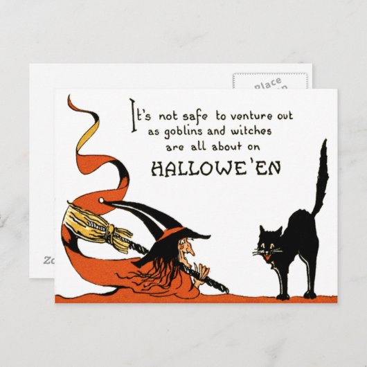 Witch Broom Black Cat Briefkaart (Voorkant / Achterkant)