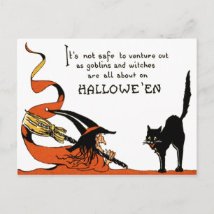 Witch Broom Black Cat Briefkaart