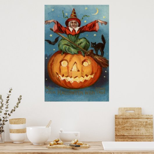 Witch Broom Black Cat Jack O Lantern Owl Poster (Keuken)