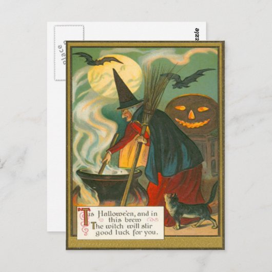 Witch Broom Cauldron Jack O Lantern Bat Cat Briefkaart (Voorkant / Achterkant)