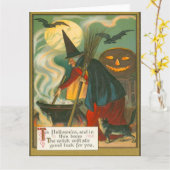 Witch Broom Cauldron Jack O Lantern Bat Cat Kaart (Gele Bloem)