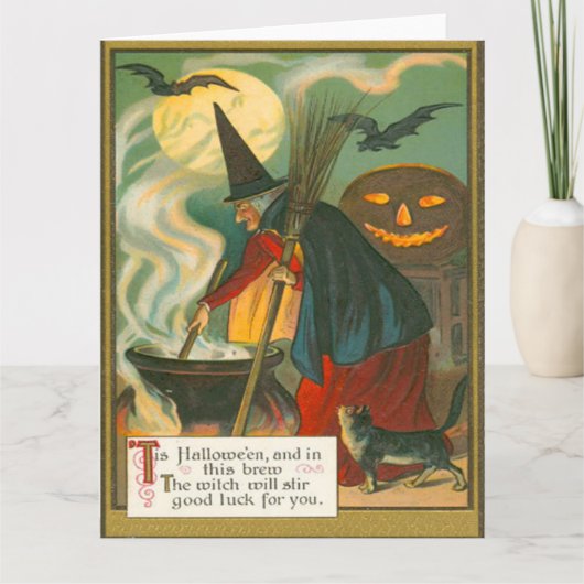 Witch Broom Cauldron Jack O Lantern Bat Cat Kaart (Voorkant)