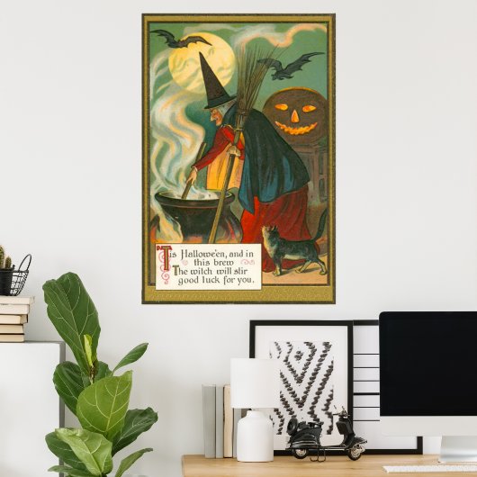 Witch Broom Cauldron Jack O Lantern Bat Cat Poster (Thuiskantoor)