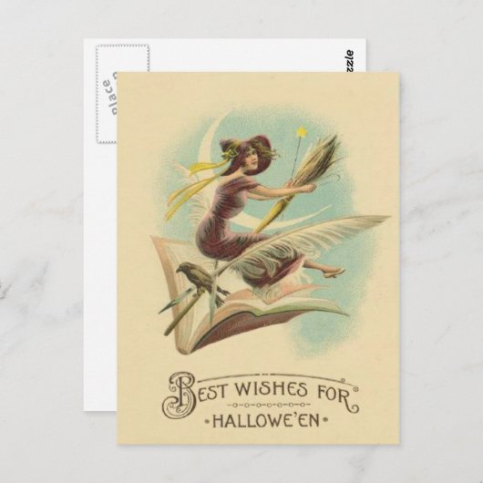 Witch Broom Crescent Moon Book Raven Briefkaart (Voorkant / Achterkant)