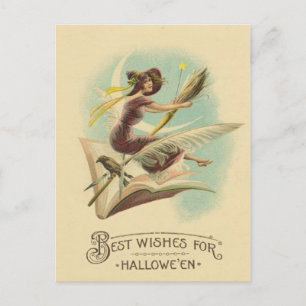 Witch Broom Crescent Moon Book Raven Briefkaart