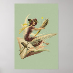 Witch Broom Crescent Moon Book Raven Poster