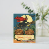 Witch Broom Flying Jack O Lantern Black Cat Bat Briefkaart (Staand voorkant)